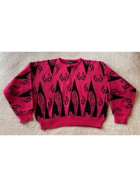 VTG Mister Noah Pink Black Sweater Women's Large WIDE and SHORT 80s Vibrant
